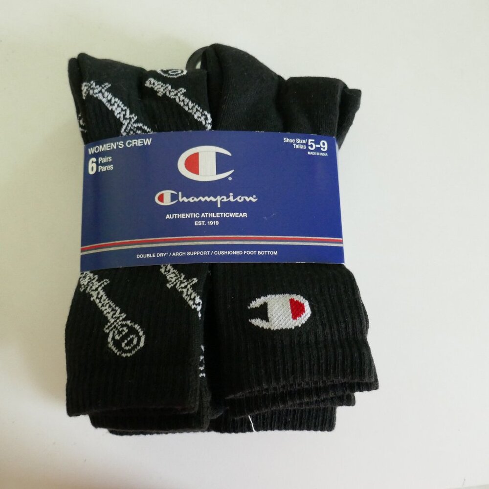 NWT Champion womens athletic crew socks 6 pack black/ allover logo black
